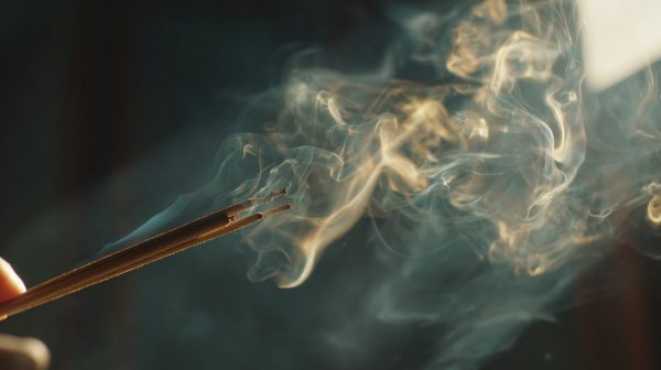 Photorealistic image of a sage incense stick burning with wisps of smoke.