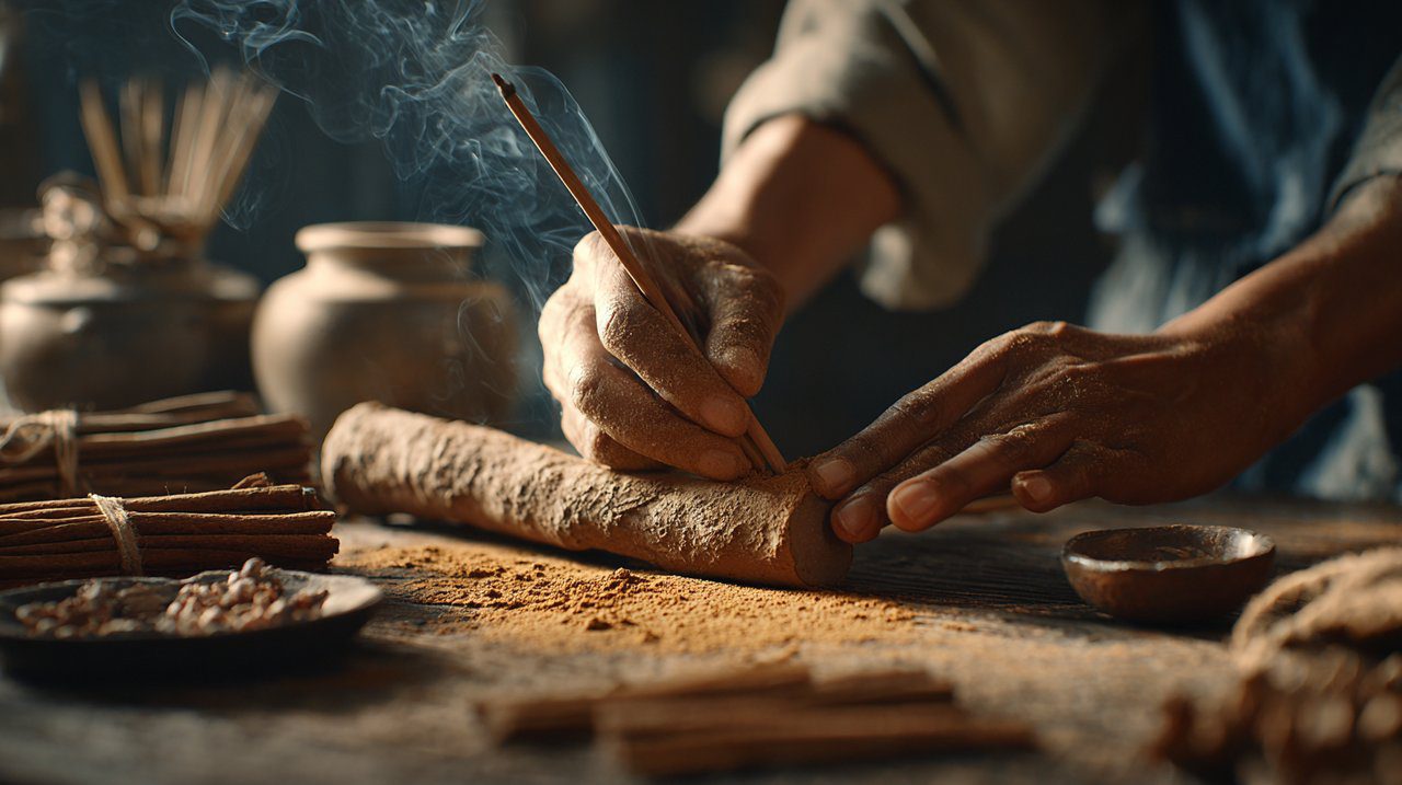 Artisan's hands rolling sandalwood incense sticks with raw materials on a wooden table.