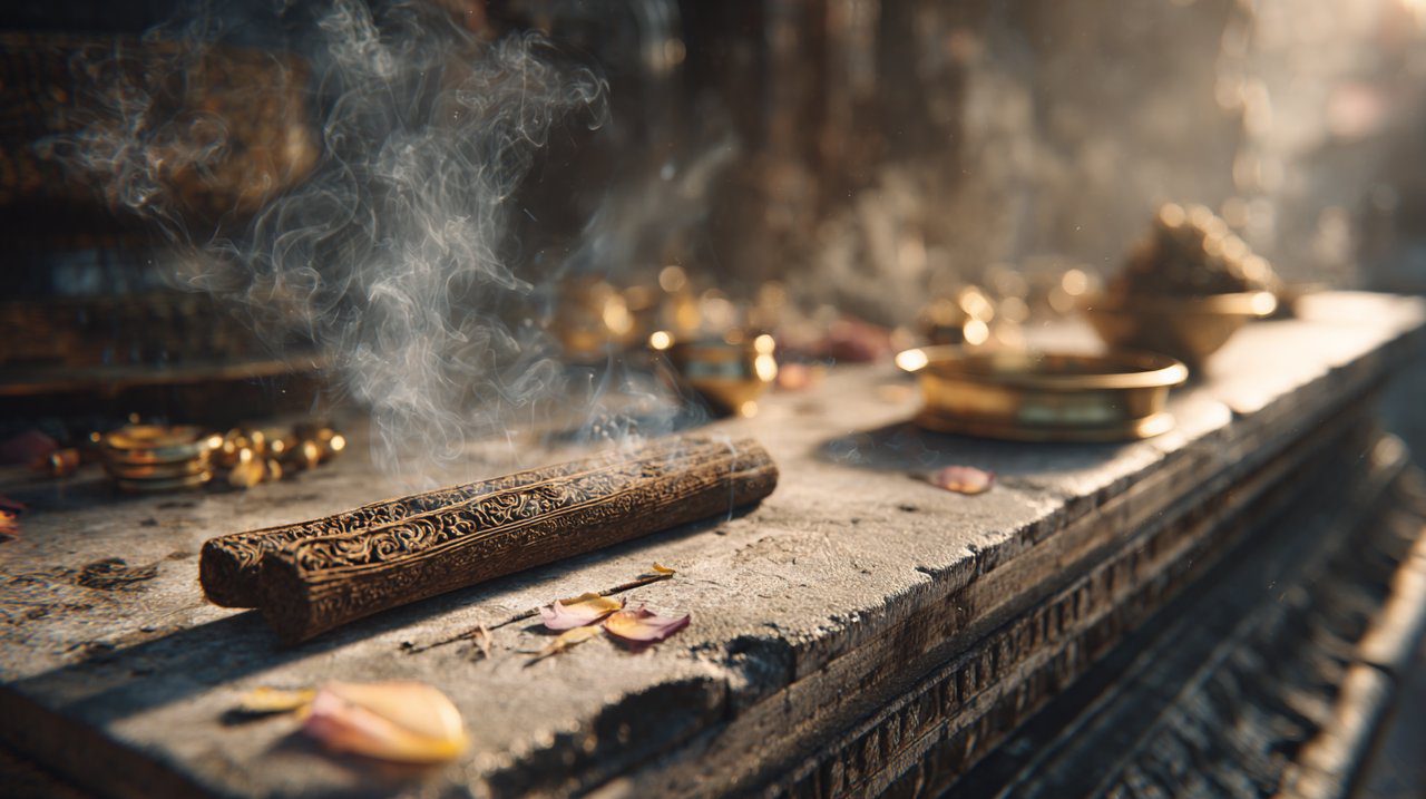 Ancient sandalwood stick incense smoking on an altar in a sacred Indian temple.
