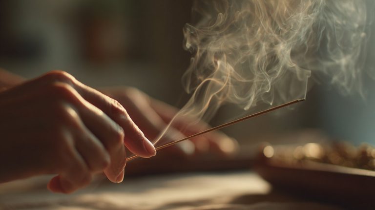 Close-up of hands mindfully lighting a sandalwood incense stick.