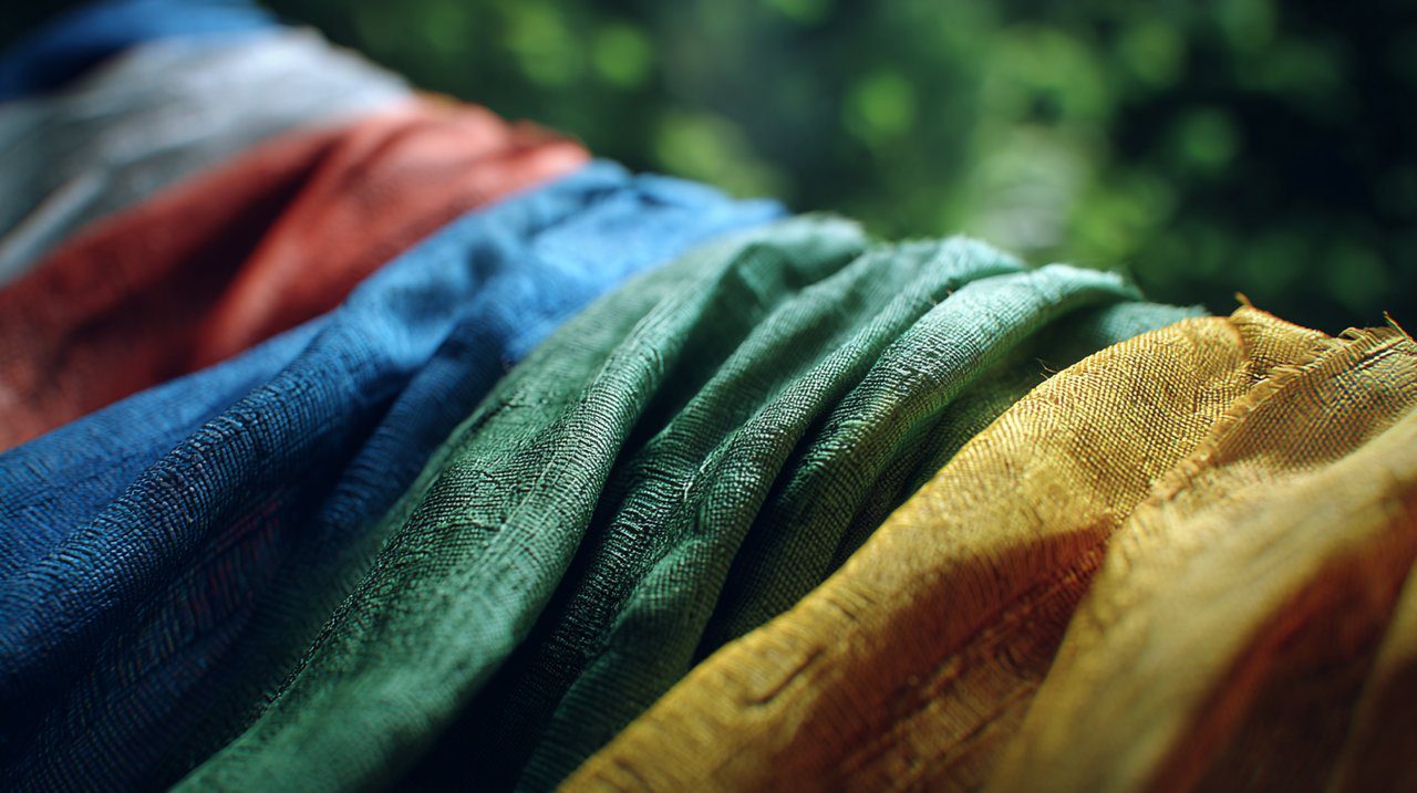 Close-up of colorful Sanskrit prayer flags showing sacred texts.