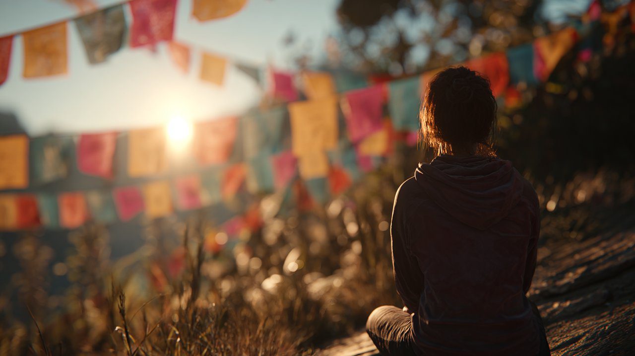 Person meditating near colorful Sanskrit prayer flags in nature.