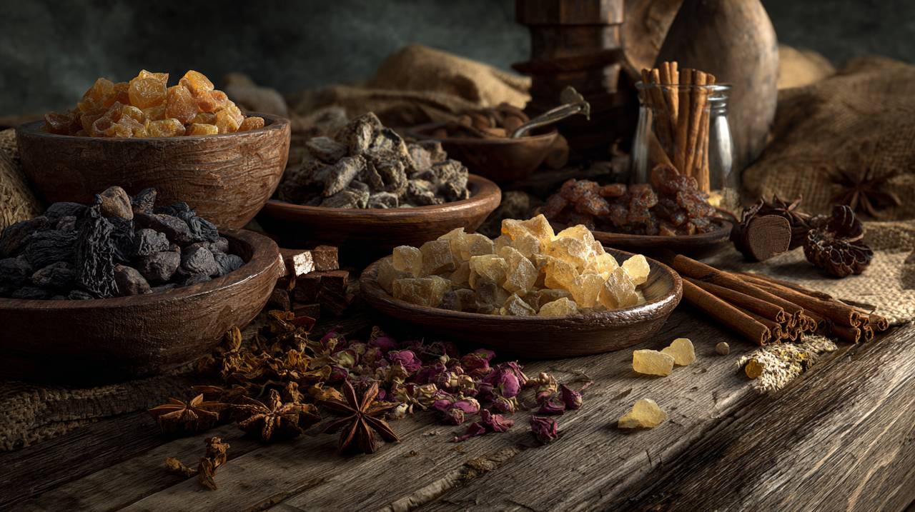 Naturaleza muerta de ingredientes naturales para la mezcla de incienso masala.