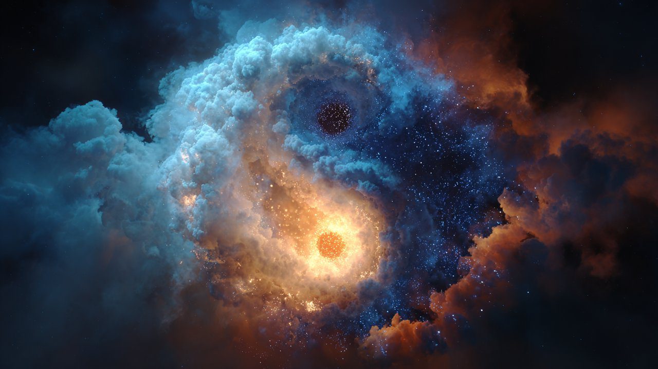 Photorealistic image of a cosmic Yin Yang symbol with elements of Nataraja's ring of fire.