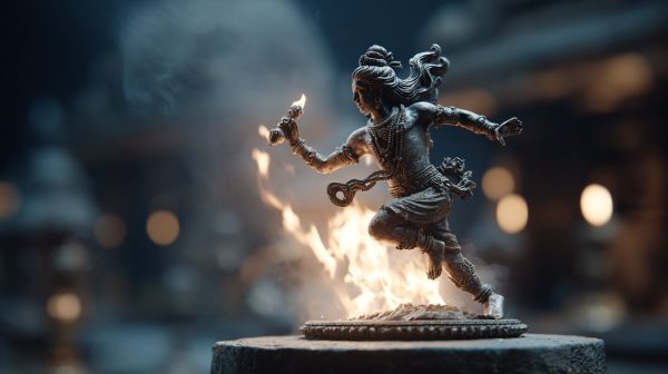 Photorealistic image of an ancient Nataraja statue of Shiva dancing.