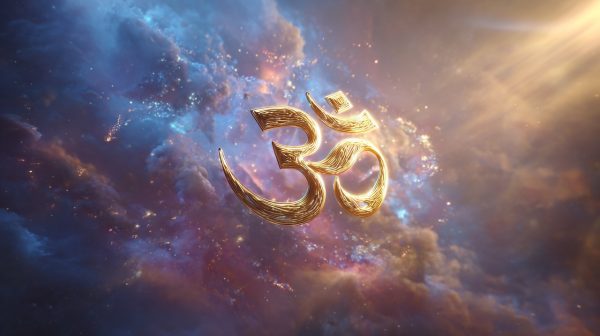 Photorealistic image of the Tibetan Om symbol glowing with ethereal light in a cosmic sky.