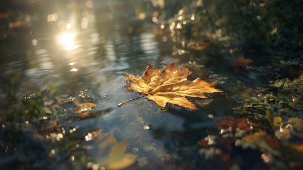 A single autumn leaf floating on a serene river.