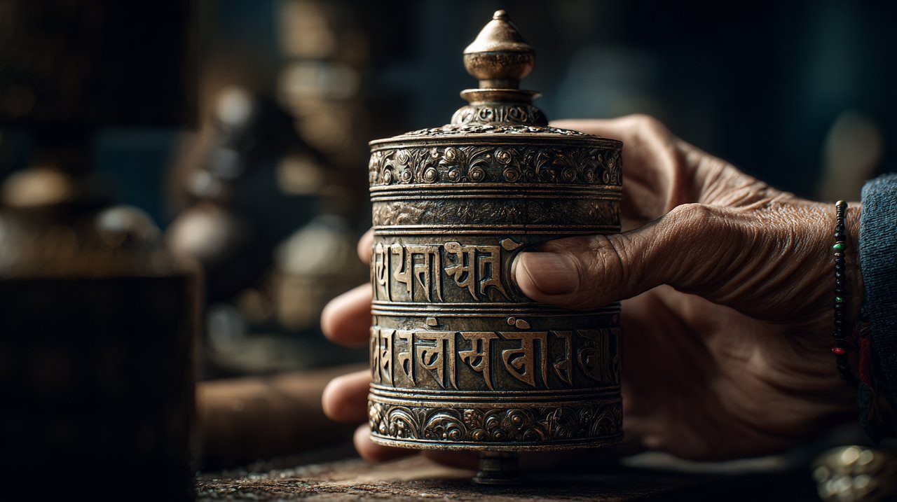 Uma mão girando uma roda de oração tibetana.