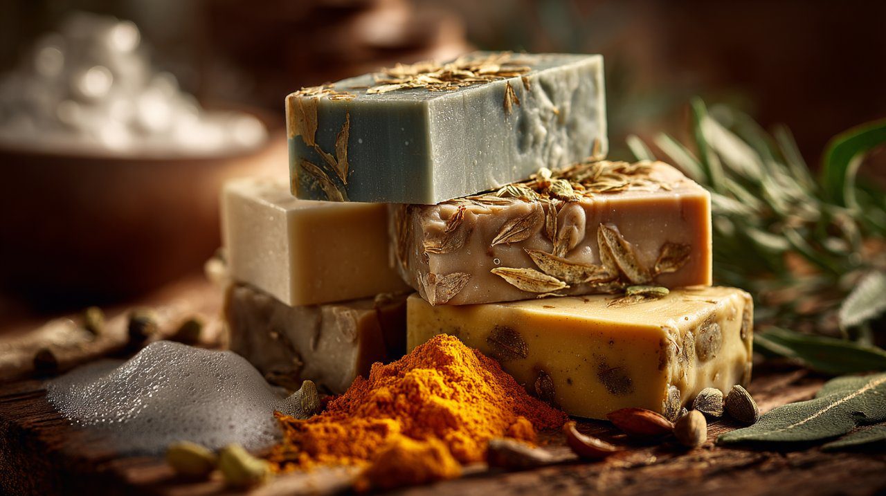 Artisanal natural soaps with botanical ingredients