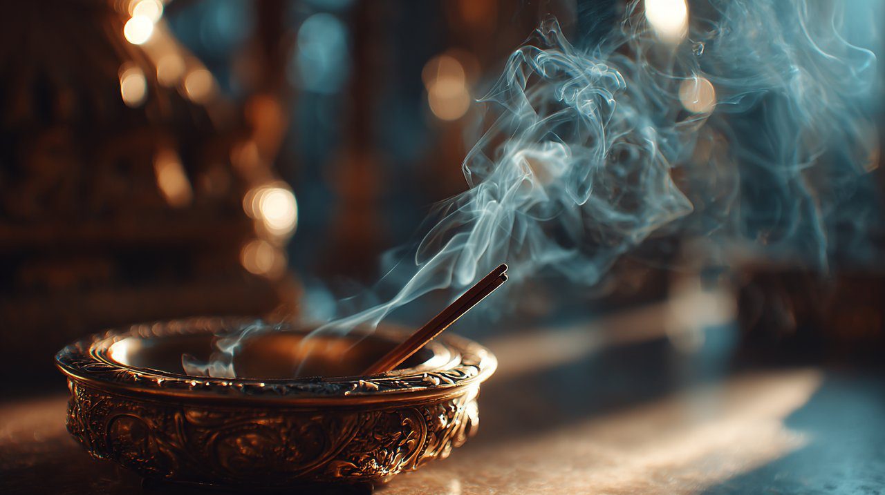 Natural incense smoldering in a traditional holder
