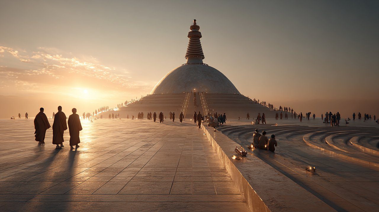 People performing circumambulation around a Stupa