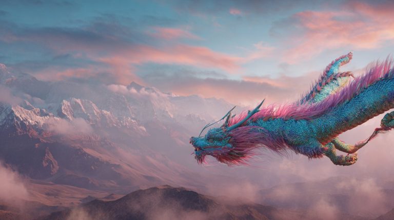 A photorealistic image of a majestic Tibetan Dragon soaring above mountains.