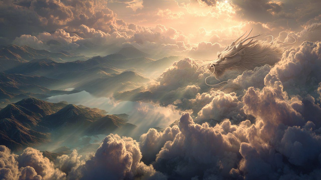 A photorealistic image of a wise Tibetan Dragon overlooking a serene landscape.