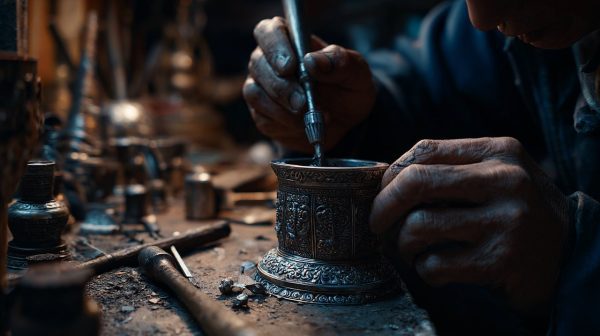 Tibetan artisan crafting a Gau