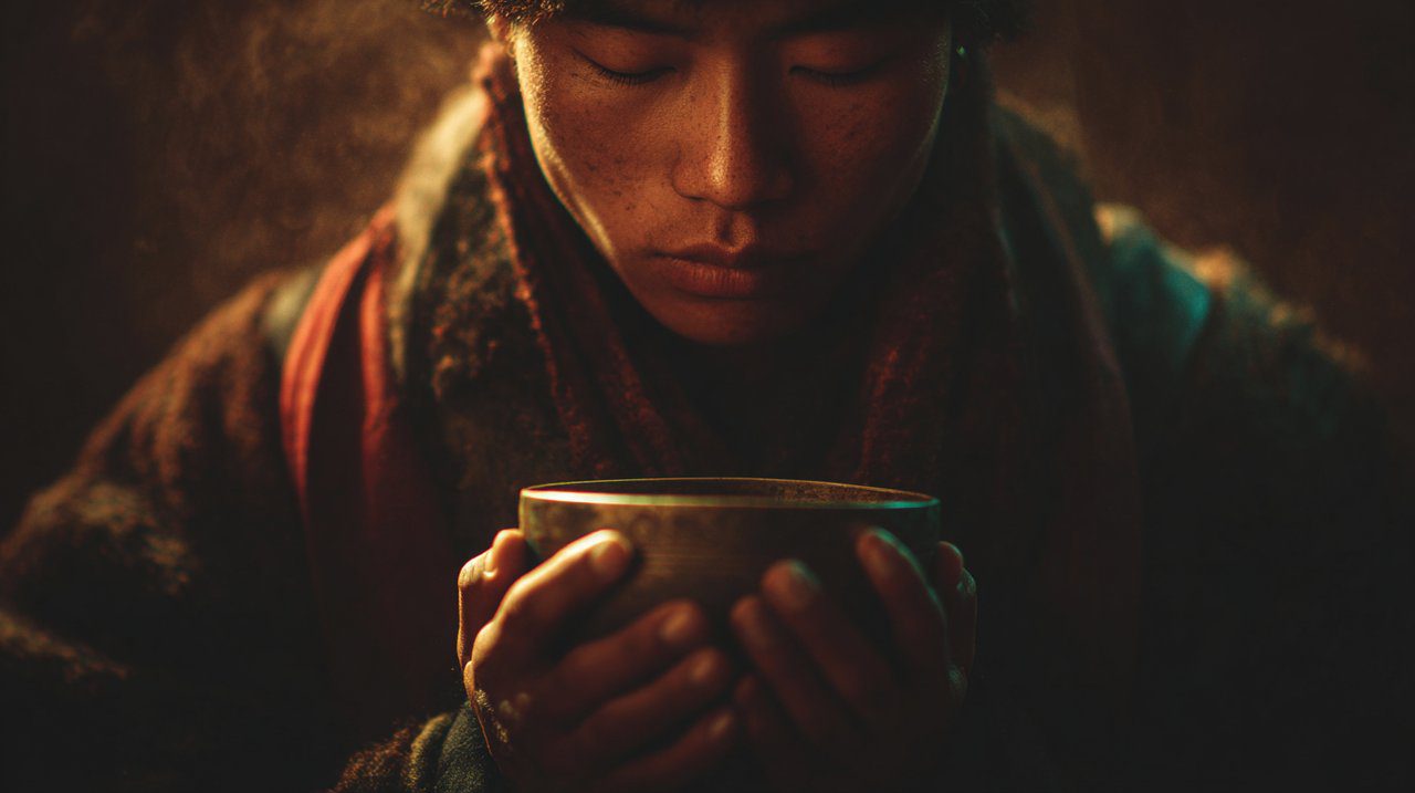 Person meditating with a Tibetan Gau