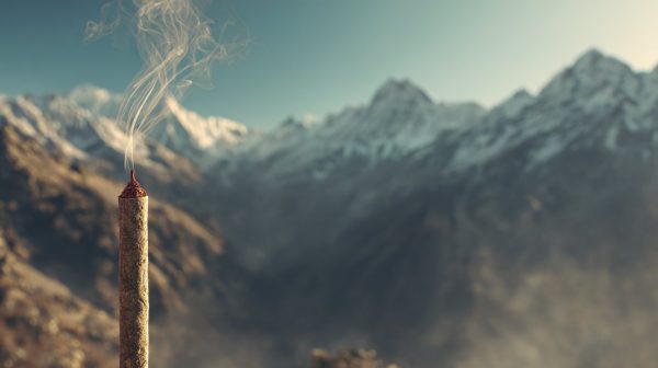 Tibetan incense smoke rising against a mountain backdrop