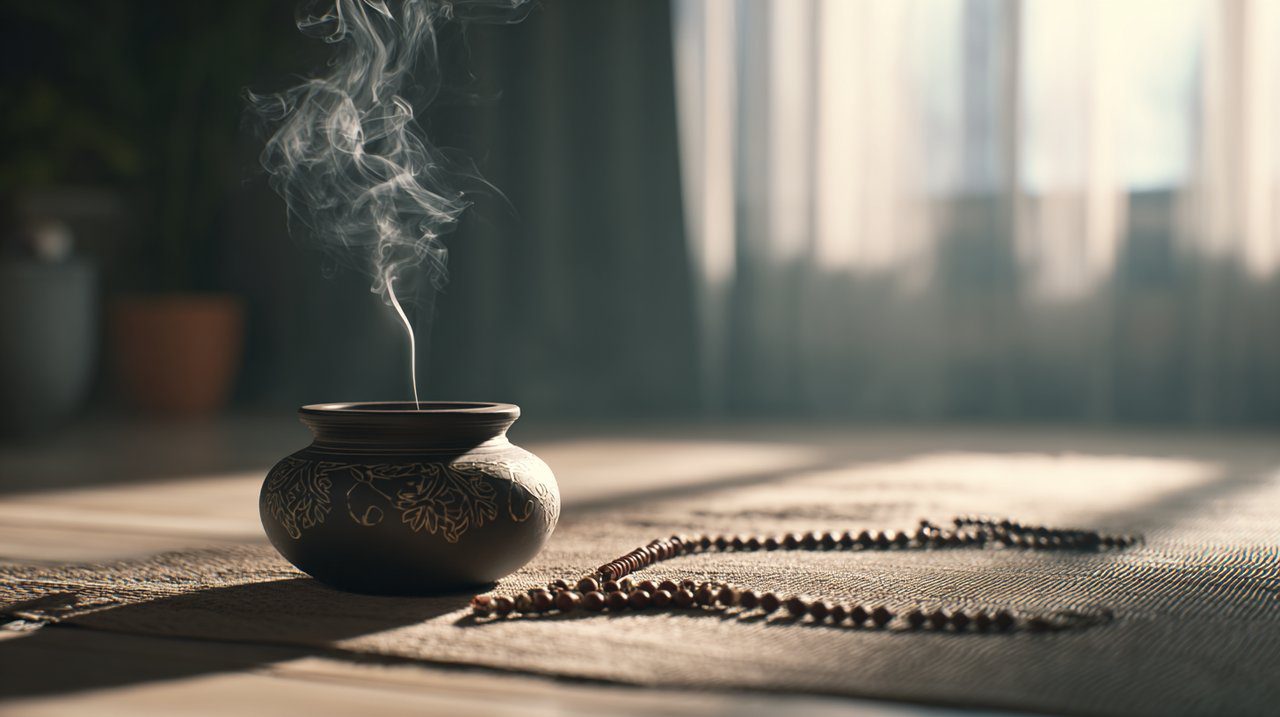 A serene scene with a Tibetan incense holder and Mala beads.