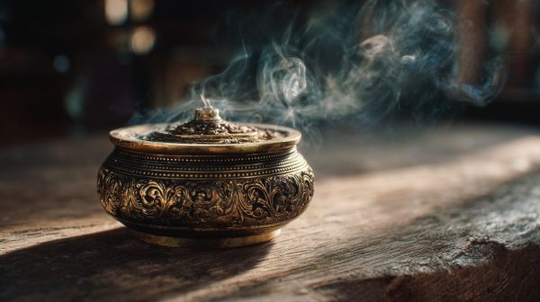 A handcrafted brass Tibetan incense holder on a rustic wooden surface.