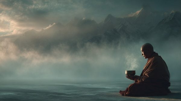 Tibetan Monk Meditating with Singing Bowl in Himalayas