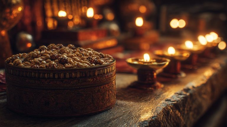 Traditional Tibetan Chemar box and butter lamps for Losar