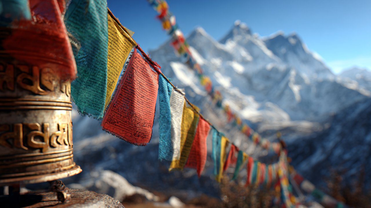 Vibrantes banderas de oración tibetanas y ruedas de oración en un entorno montañoso