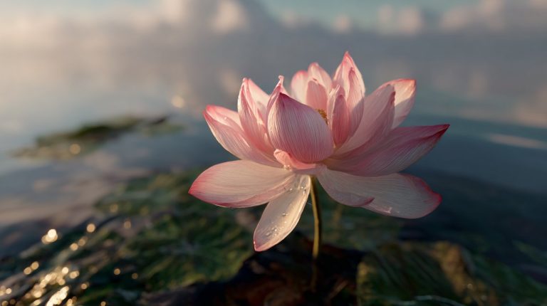 Pink lotus flower emerging from muddy water