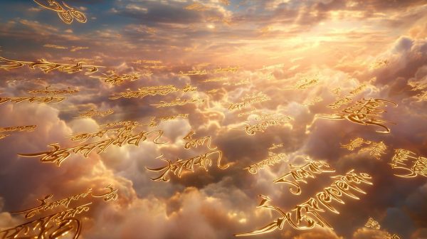 The glowing Om Mani Padme Hum mantra in a celestial sky.