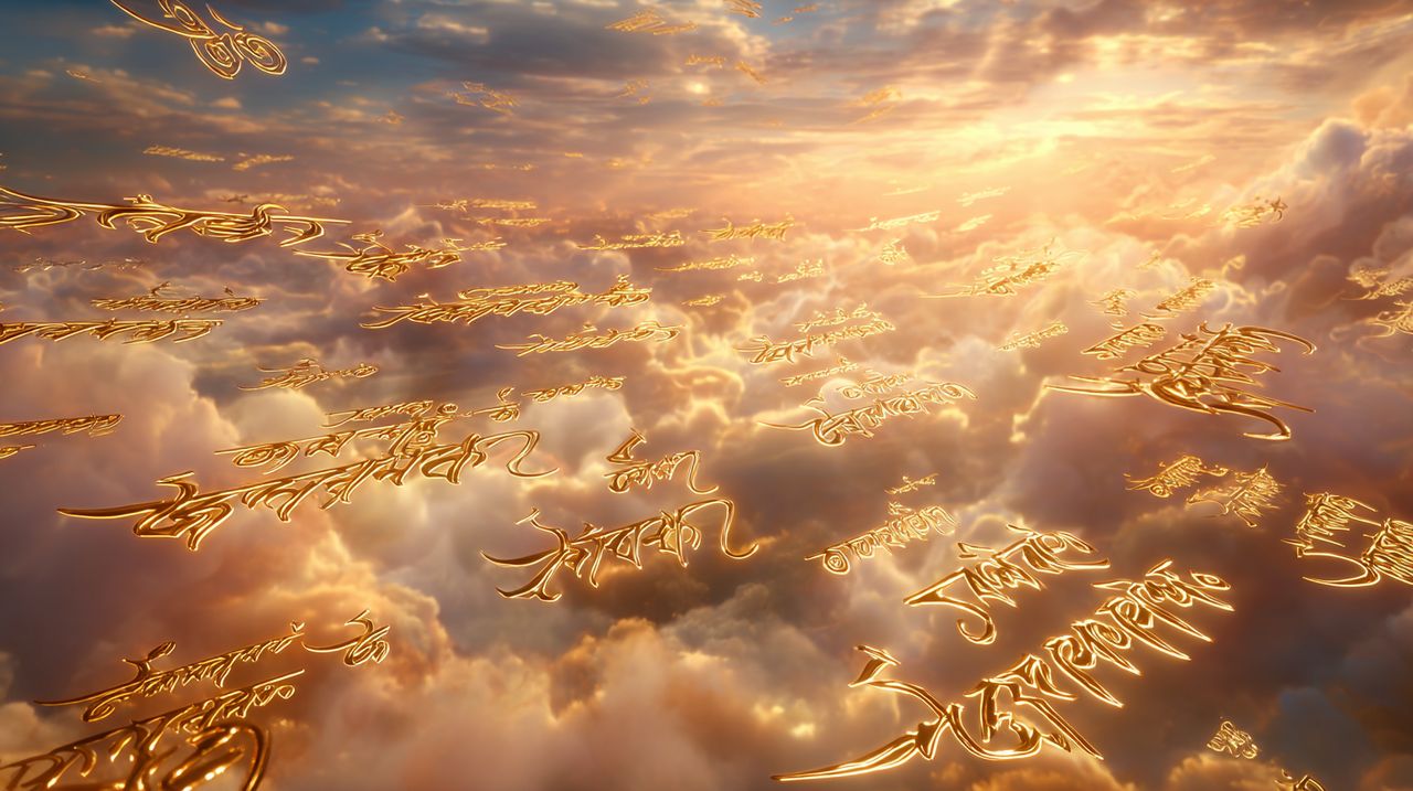 El mantra resplandeciente Om Mani Padme Hum en un cielo celestial.