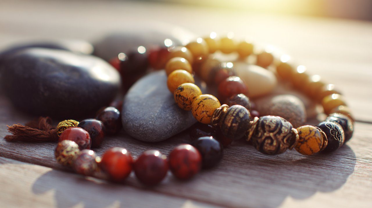 Una colección de diversas joyas espirituales tibetanas.