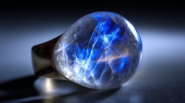 Close-up of a glowing moonstone with adularescence.