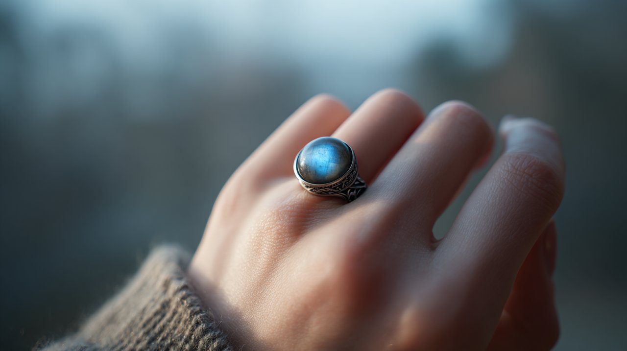Hand gently holding a Tibetan Moonstone Ring in a serene setting.