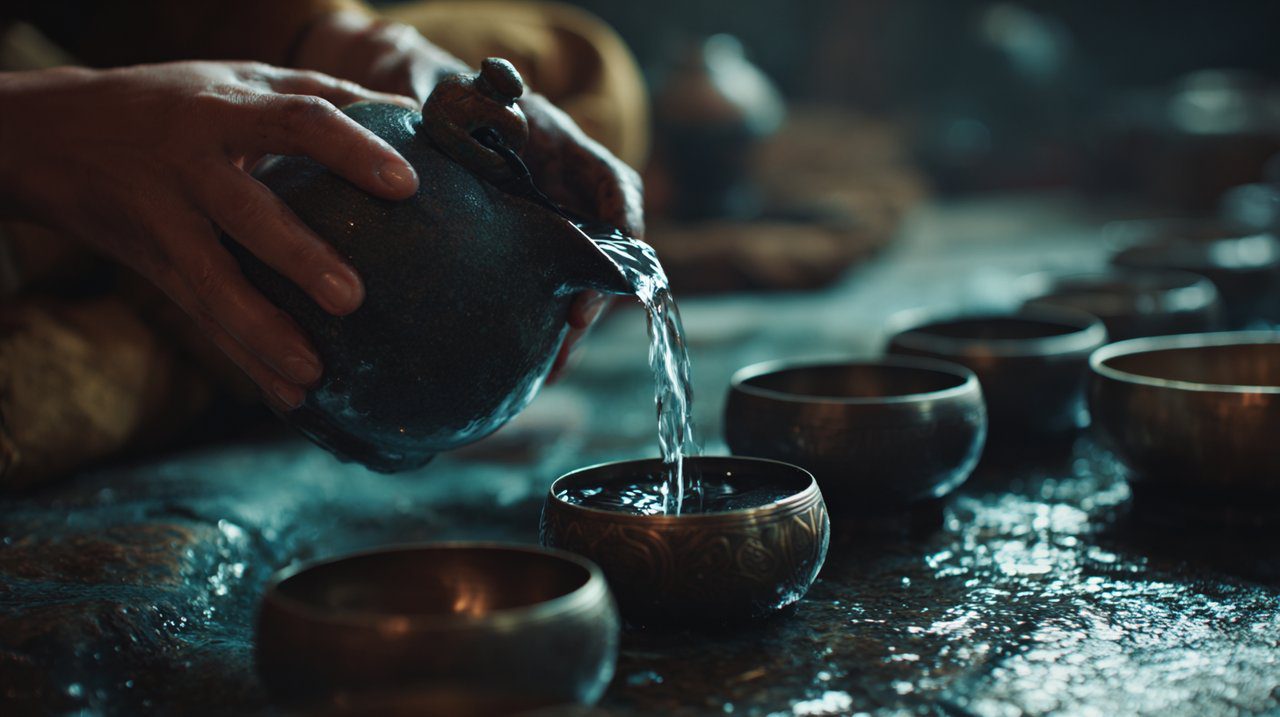 Mindful water offering with Tibetan bowls