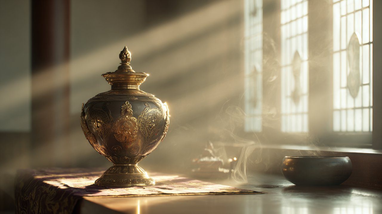 Peaceful space with a Tibetan treasure vase (Bumpa)