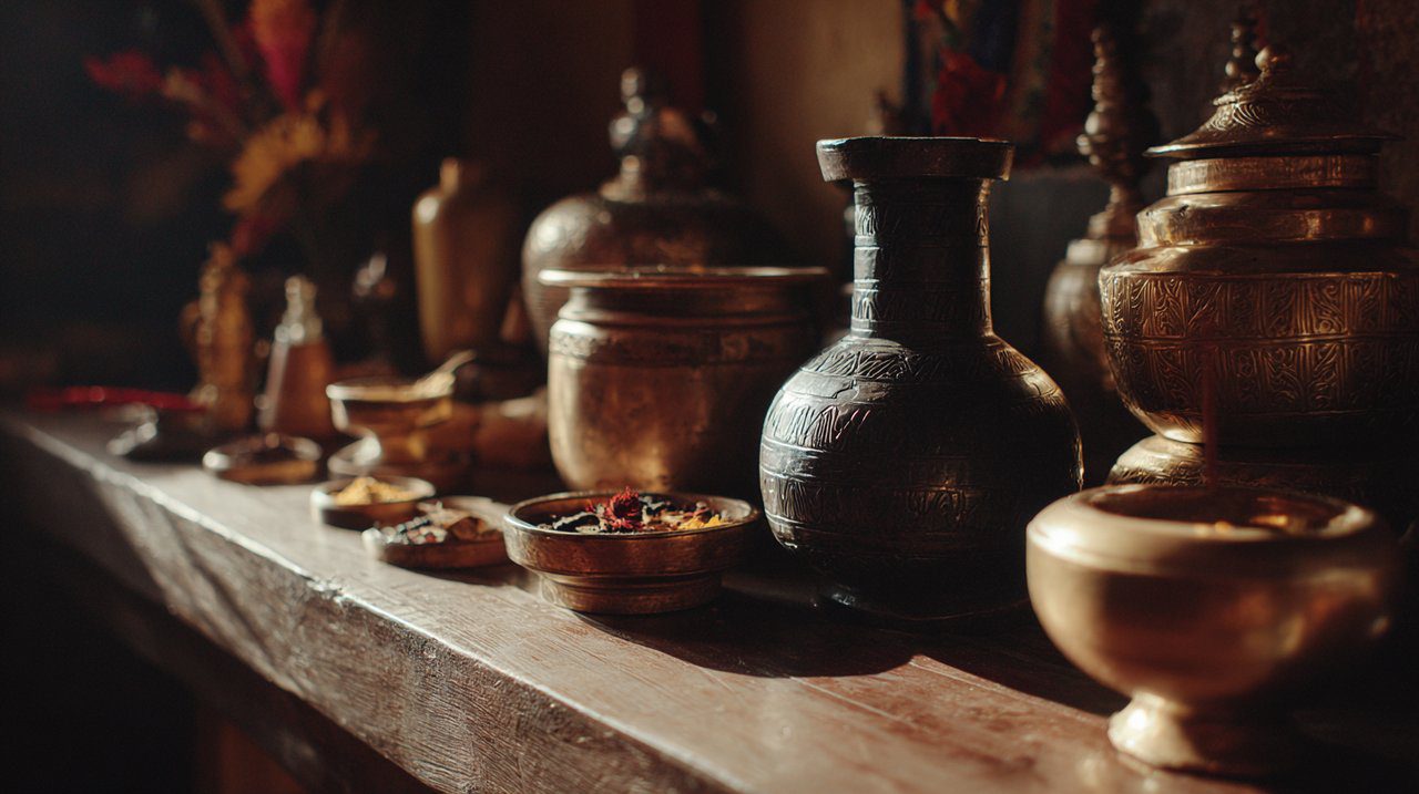 Assortment of Tibetan ritual vessels arranged serenely