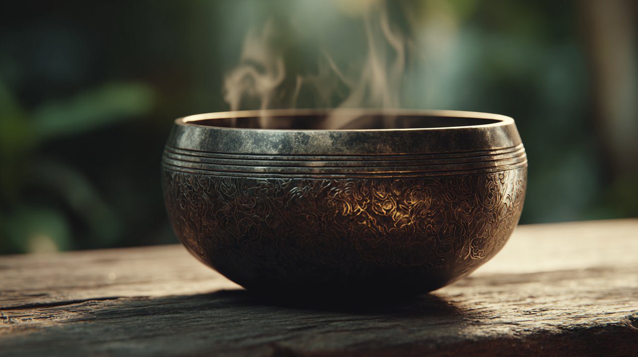 A Tibetan singing bowl with subtle sound waves.