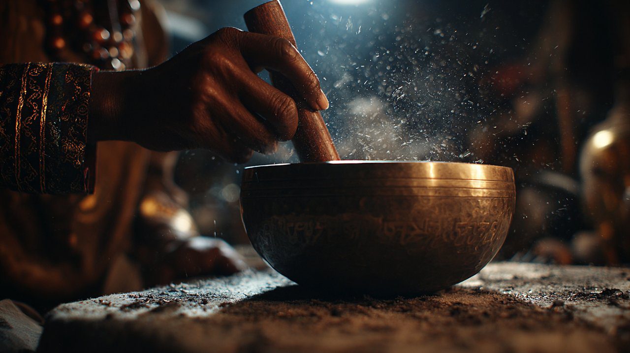 A Tibetan artisan hand-hammering a singing bowl.