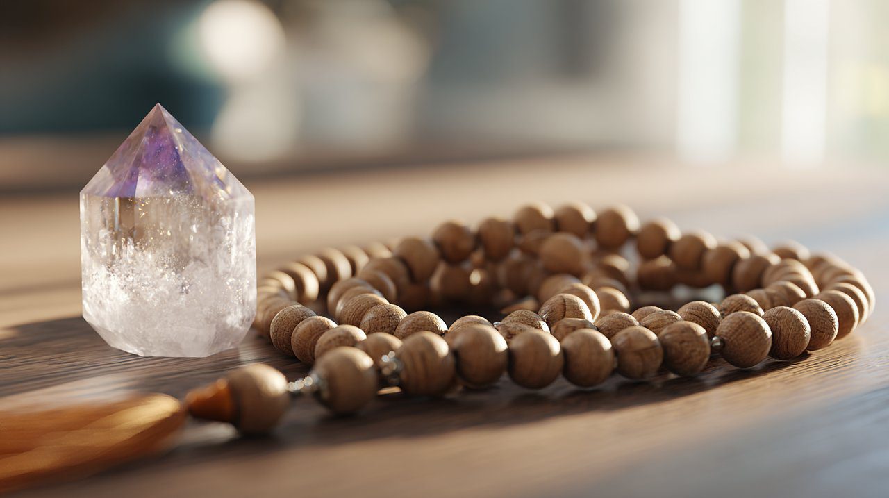 A peaceful arrangement of mala beads and healing crystals on a natural surface, symbolizing mindfulness and well-being.