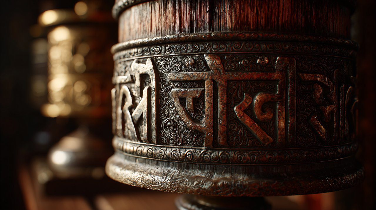 A close-up photorealistic image of a traditional Tibetan prayer wheel, gently spinning.