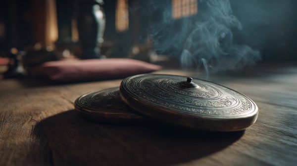 Antique tingsha cymbals resting in a serene meditation setting.