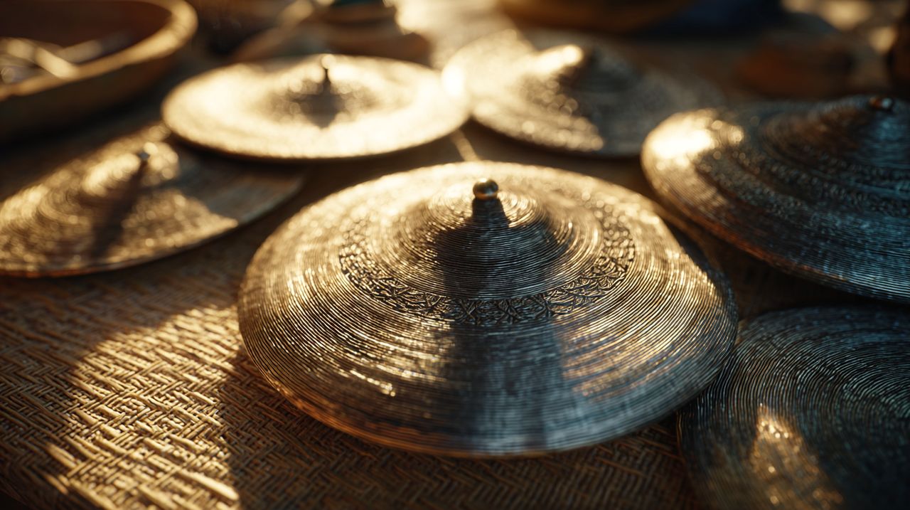 Several handcrafted tingsha cymbals displayed, highlighting their quality and intricate details.