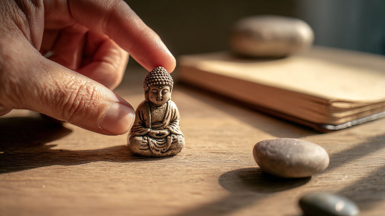 Hand touching a Traveling Buddha during a mindful moment
