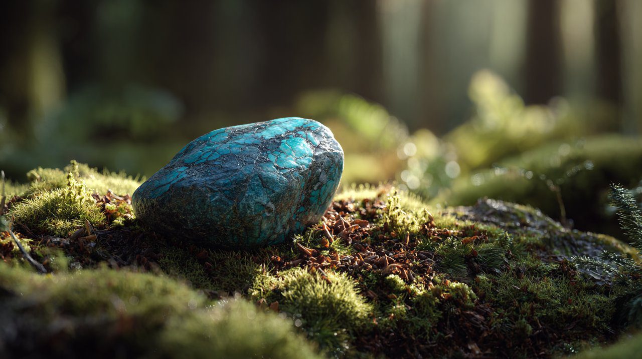Turquoise stone radiating peace in a forest