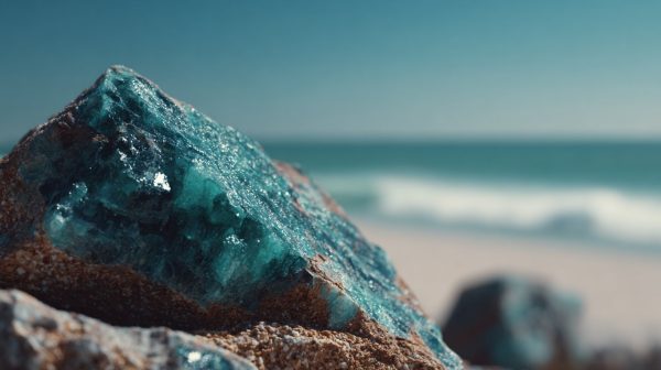 Vibrant turquoise stone with a sky and ocean horizon in the background