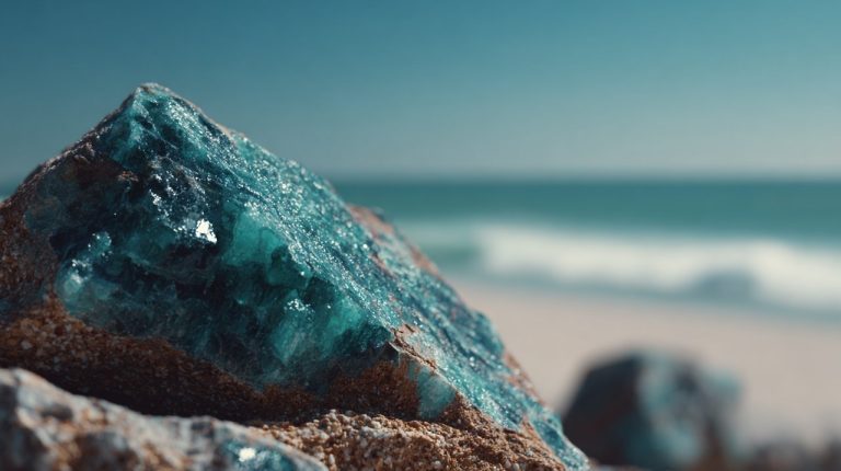 Vibrant turquoise stone with a sky and ocean horizon in the background