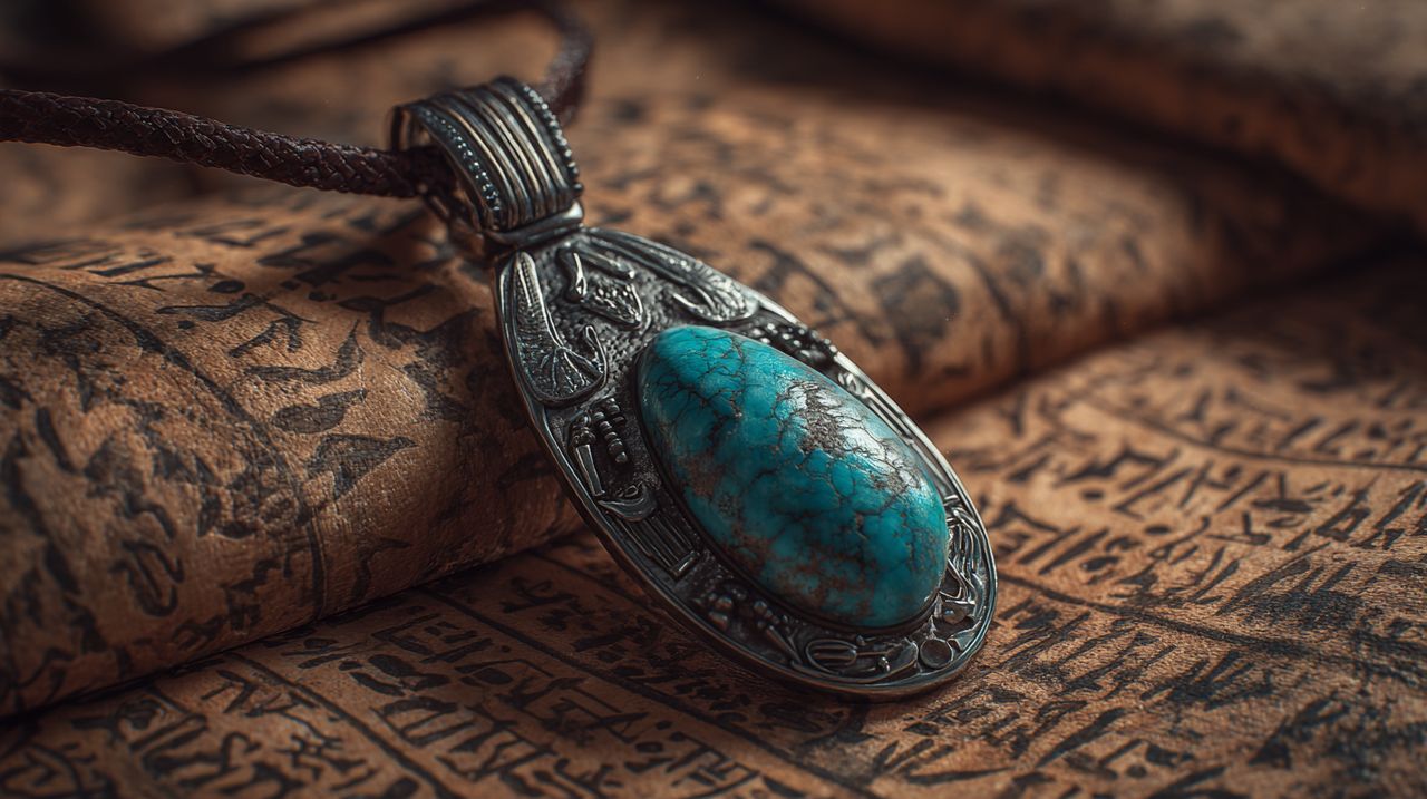 Ancient Egyptian turquoise pendant on papyrus
