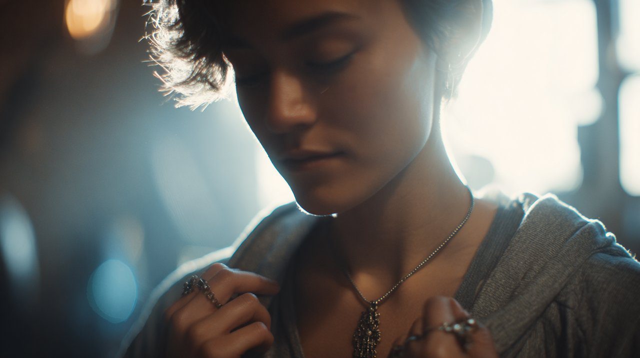 Person meditating with a Vajra Dorje necklace, symbolizing inner strength.