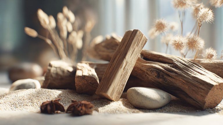 A serene blend of vetiver roots and sandalwood pieces, conveying peace and grounding.
