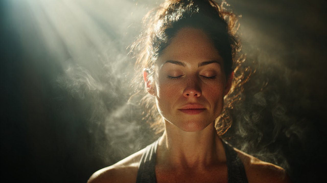 A person meditating in a peaceful setting, surrounded by subtle, ethereal wisps of vetiver and sandalwood scent.