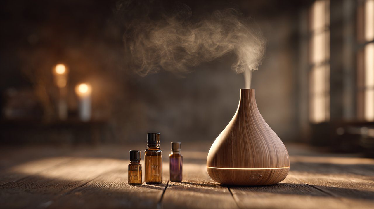 An elegant essential oil diffuser with vetiver and sandalwood oils in a serene meditation setting.