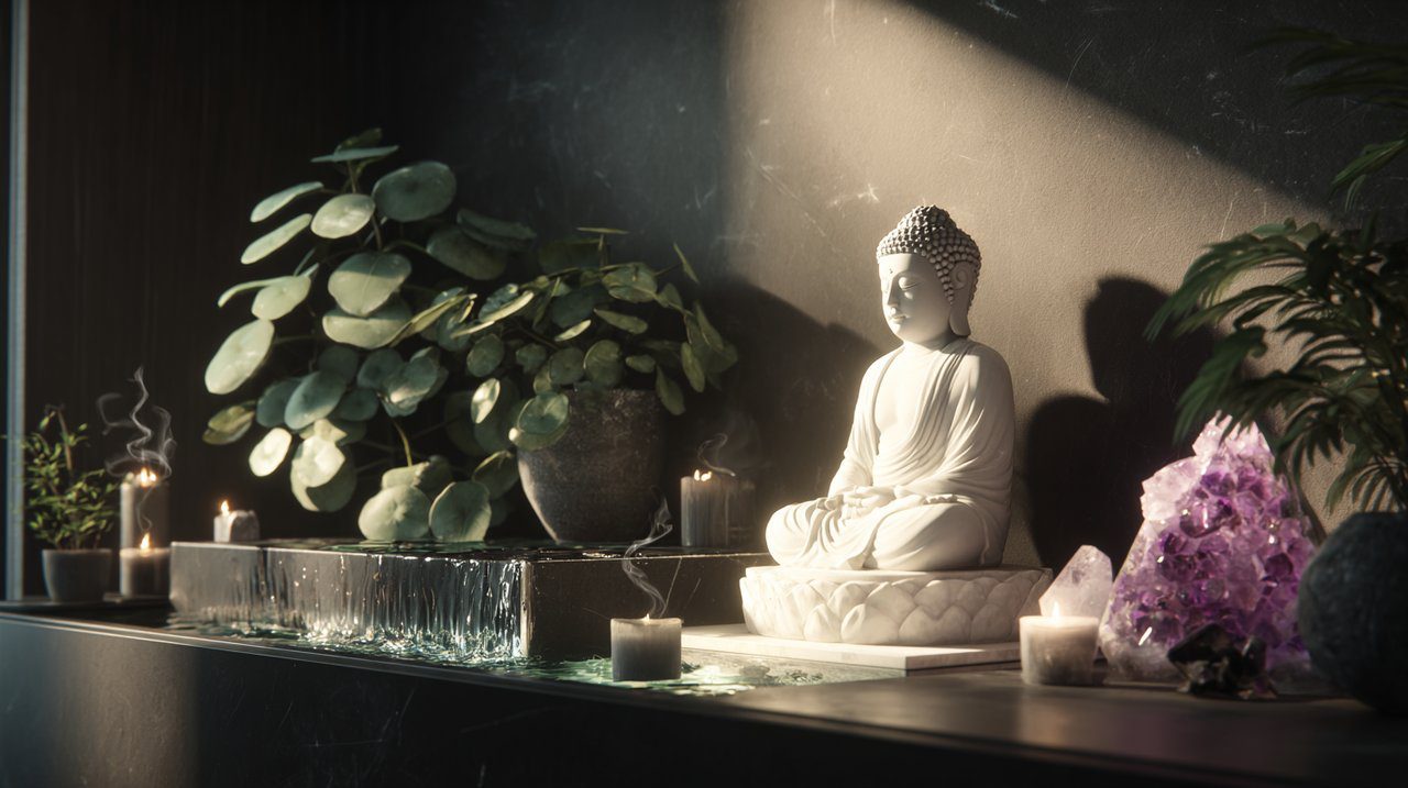 Mindful Space with White Buddha and Natural Elements
